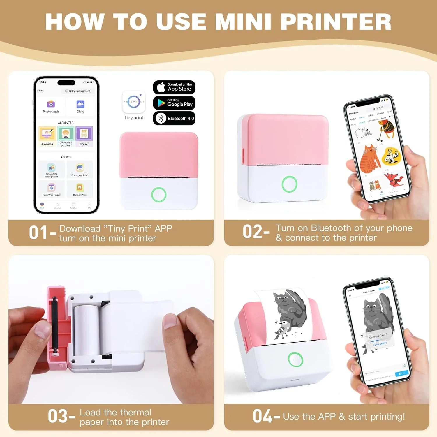 Thermal Mini Printer, Portable Inkless Sticker Maker, Bluetooth Printer for Phone, Wireless Label Printer with Tape, Free Cut Small Pocket Printer for Notes&Children DIY, Compatible with Ios&Android